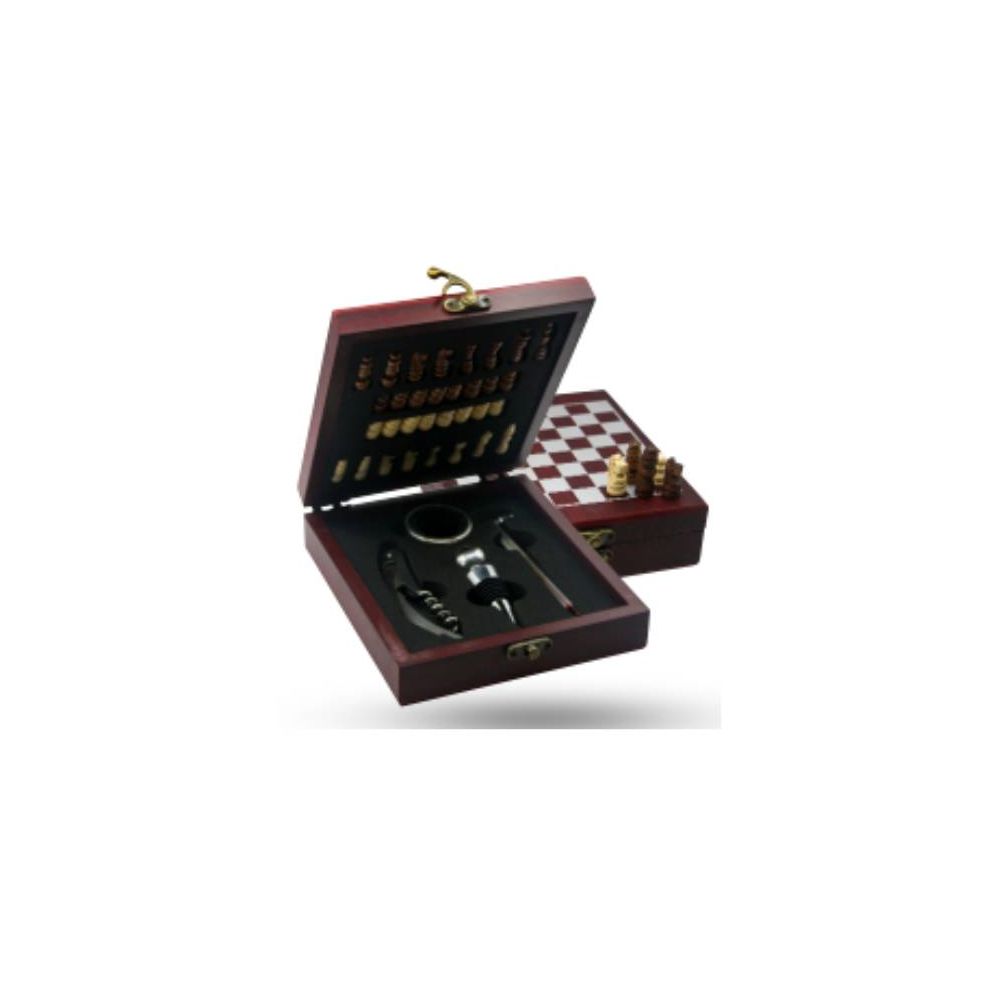 KIT PARA VINHO COM JOGO DE XADREZ SACA ROLHAS TERMOMETRO