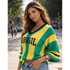 Blusa Brasil Feminina Tricô Manga Ampla Estilosa Casual verde e amarela