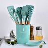 Kit 12 Pçs Utensílios Cozinha Silicone Antiaderente Madeira Cor Verde