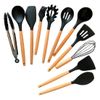 Kit 12 Pçs Utensílios Cozinha Silicone Antiaderente Madeira Cor Preto