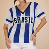 Camisa Tricot Brasil Tecido Vazado Decote V Malhado Look Brasil Copa Azul e Branco