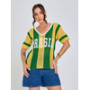 Camisa Tricot Brasil Tecido Vazado Decote V Malhado Look Brasil Copa Verde e Amarelo