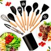 Kit 12 Pçs Utensílios Cozinha Silicone Antiaderente Madeira Cor Preto
