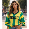 Blusa Brasil Feminina Tricô Manga Ampla Estilosa Casual verde e amarela