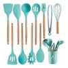 Kit 12 Pçs Utensílios Cozinha Silicone Antiaderente Madeira Cor Verde