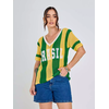 Camisa Tricot Brasil Tecido Vazado Decote V Malhado Look Brasil Copa Verde e Amarelo