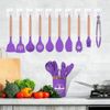 Kit 12 Pçs Utensílios Cozinha Silicone Antiaderente Madeira Cor Lilás