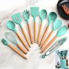 Kit 12 Pçs Utensílios Cozinha Silicone Antiaderente Madeira Cor Verde