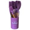 Kit 12 Pçs Utensílios Cozinha Silicone Antiaderente Madeira Cor Lilás