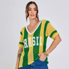 Camisa Tricot Brasil Tecido Vazado Decote V Malhado Look Brasil Copa Verde e Amarelo