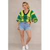Blusa Brasil Feminina Tricô Manga Ampla Estilosa Casual verde e amarela