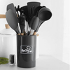 Jogo Utensílios de Cozinha Silicone Cabo de Madeira 12 Peças - Cor Preta