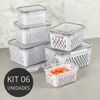Kit 6 Potes Herméticos Com Cesto Escorredor Branco Plástico
