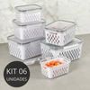 Kit 6 Potes Herméticos Com Cesto Escorredor Branco Plástico