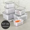 Kit 6 Potes Herméticos Com Cesto Escorredor Branco Plástico
