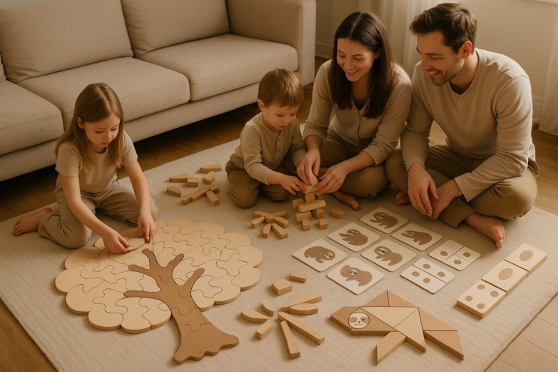 Família se divertindo com atividades criativas