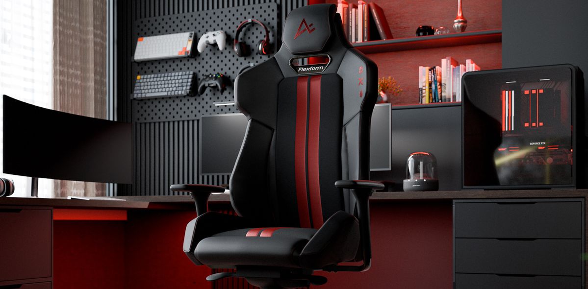 Cadeira gamer com design nas cores preto e vermelho, em um quarto decorado com as mesmas cores componto um ambiente gamer.
