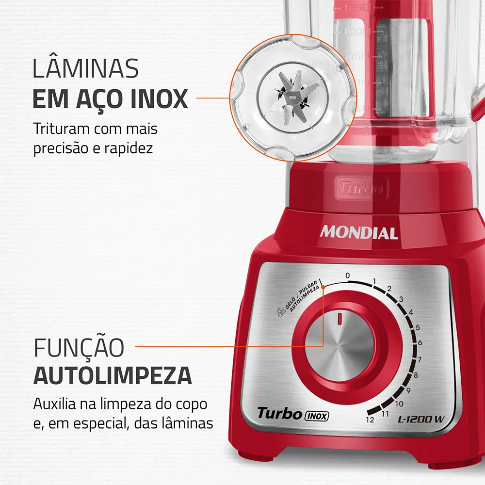 Liquidificador 12V Turbo L-1200 Vermelho/Inox Mondial