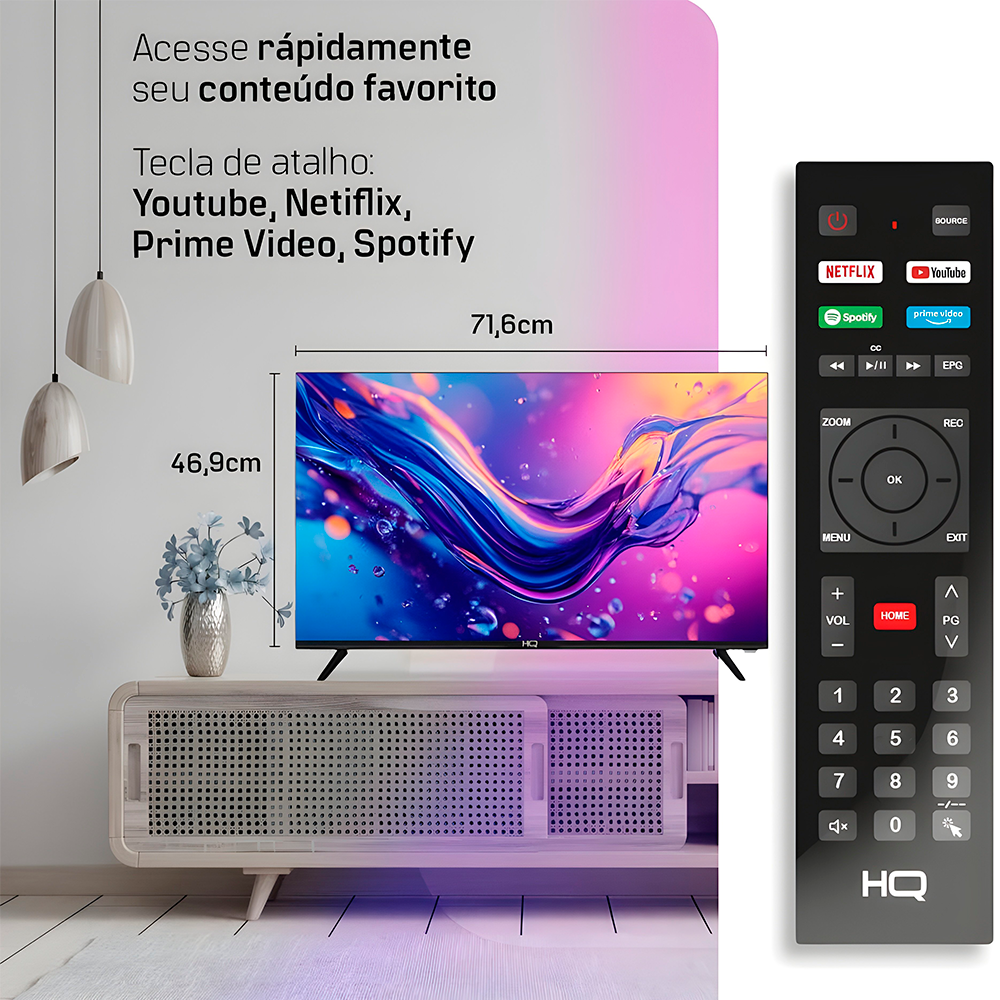 Smart TV HQ 32" HD tela sem bordas Androind 12 design slim HQS32NKHM