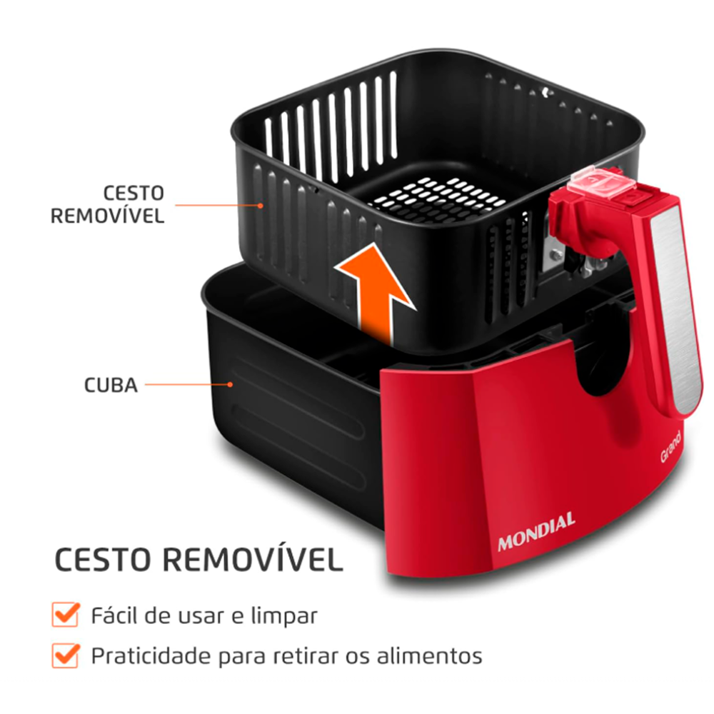Air Fryer 5L Grand Family AFN-50RI C Time 1900w Vermelho/Inox Mondial 