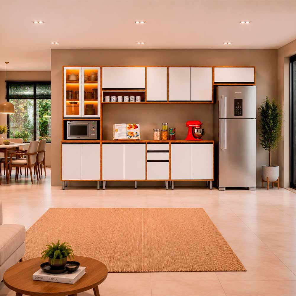 Kit Cozinha Completa Eduarda Cristaleira + Led Cinamomo/Off White Chf Moveis