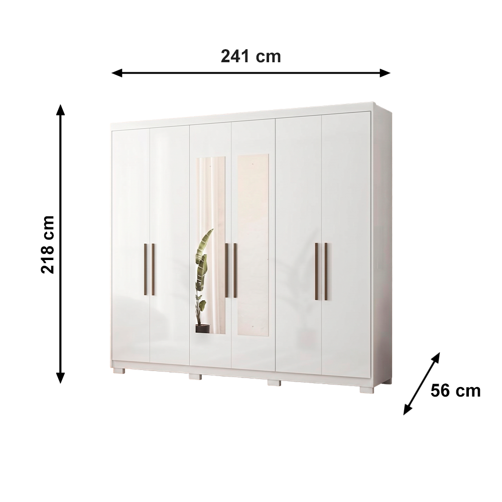 Roupeiro Venice 6 Portas 4 Gavetas 3 Prateleiras com Pes e com Espelho Branco Demobile