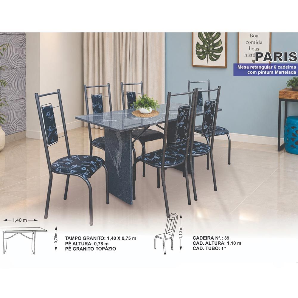 Mesa 6 Cadeiras Paris N39 Granito Luxo Aço Coelho