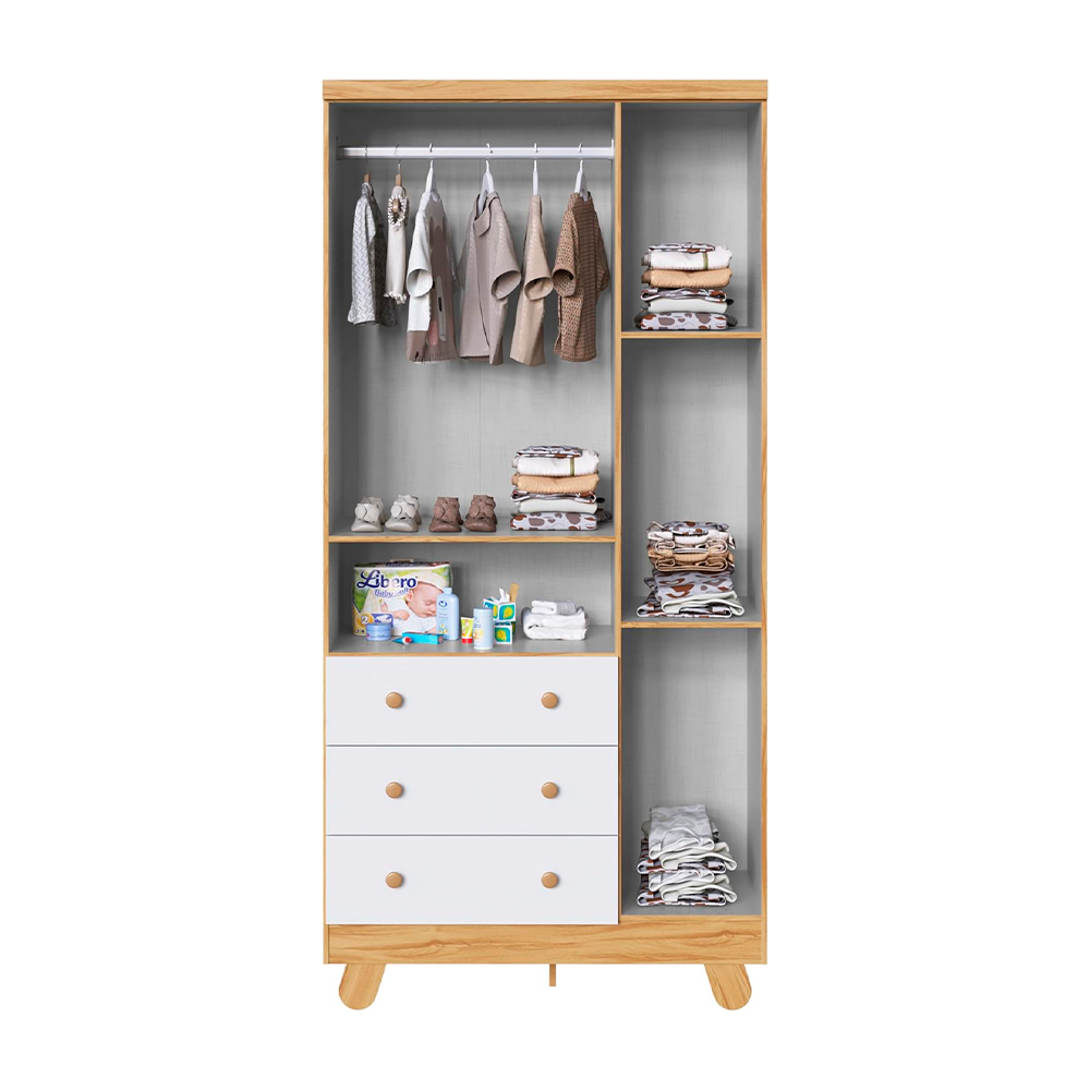 Armário 3 Portas Pingo Janela Amendoa/Branco Brilho Peroba 