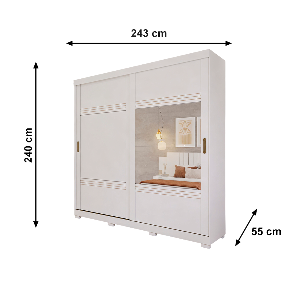 Roupeiro 2P Blumenau Slide com 2 Espelhos e 8 Pes Retangular Menor Branco Panan