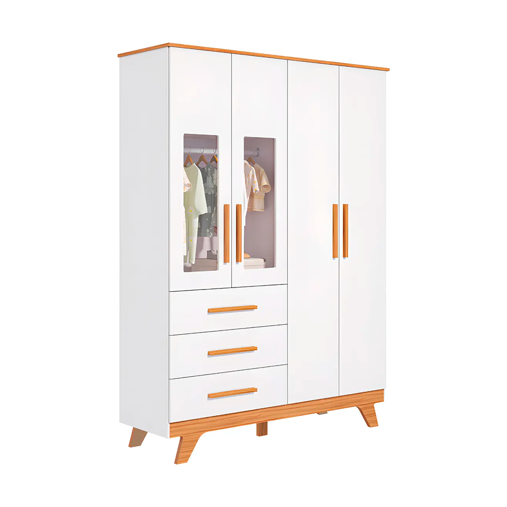 Armario 4P Guti Retro Lisa Branco Brilho/Amendoa Peroba