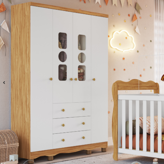 Armario Peroba Tedy 4 Portas e 3 Gavetas Branco/Amêndoa