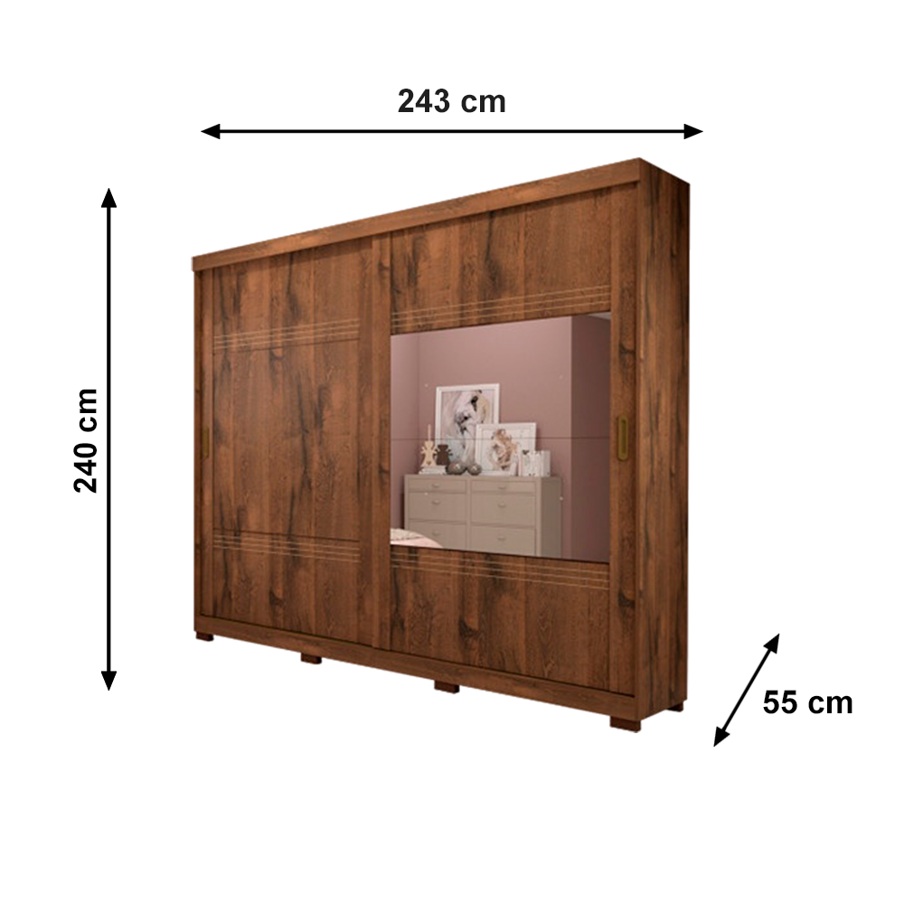 Roupeiro 2 Portas Blumenau Slide com Kit 2 Espelho e Kit 8 Pés Retangular Menor Café Panan