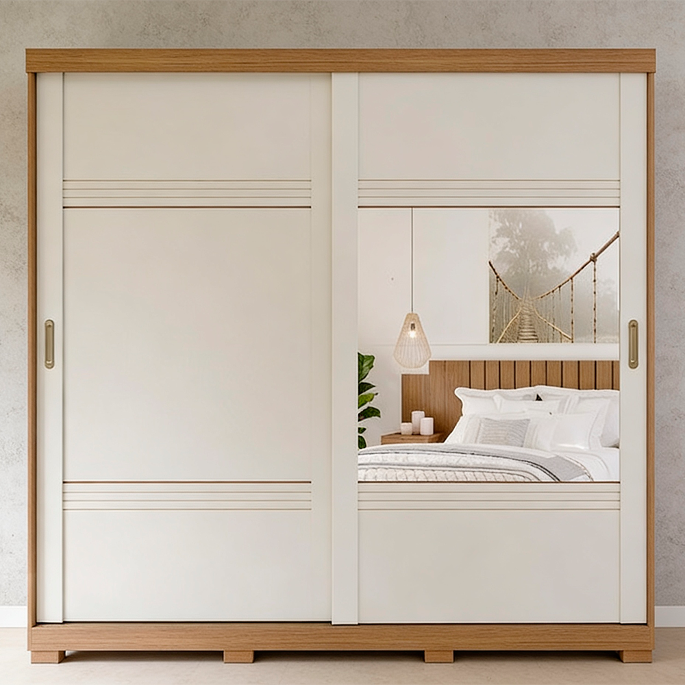 Roupeiro 2 Portas Blumenau Slide com 2 Kits 2 Espelhos e Kit 8 Pés Retangular Menor Avelã/Off White Panan