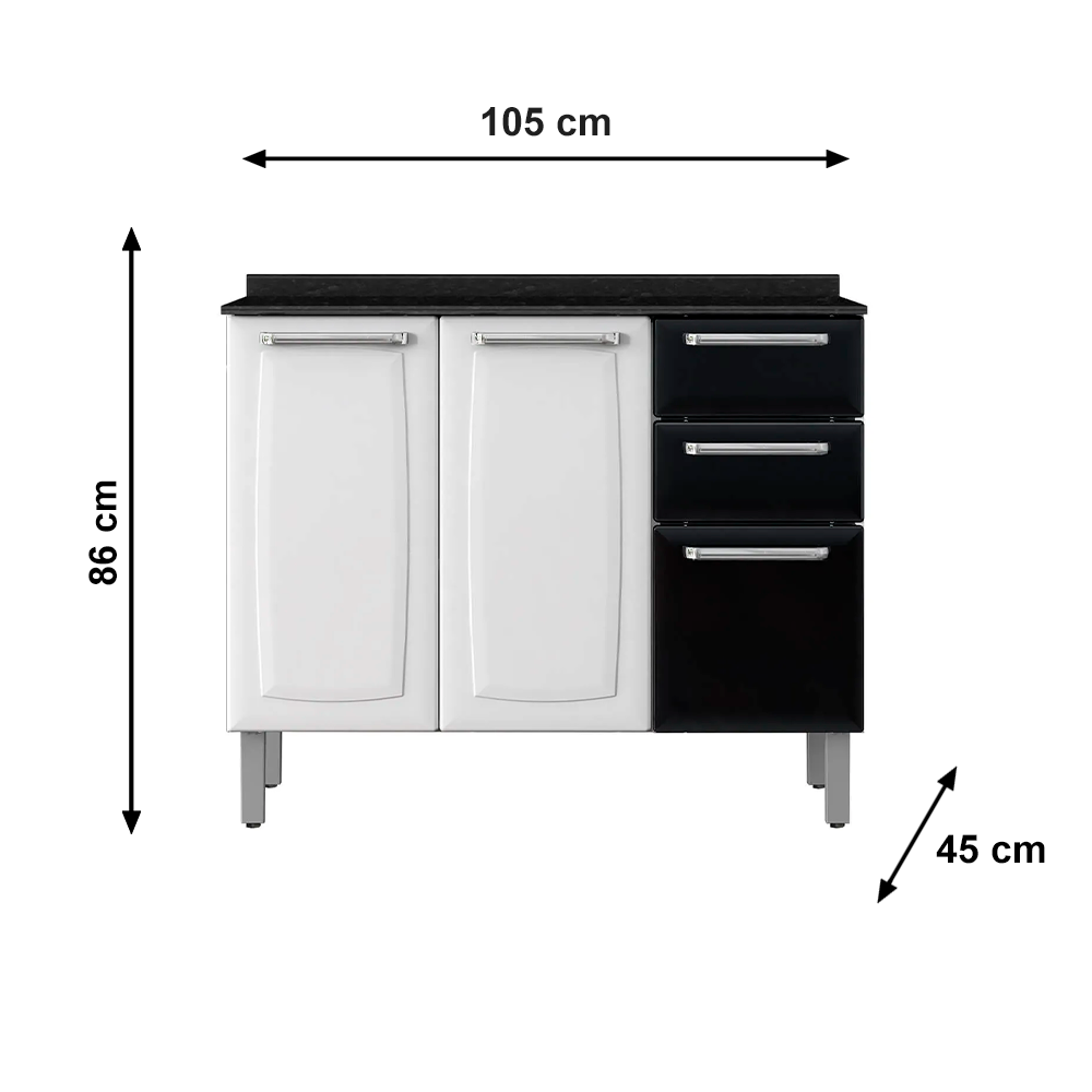 Balcão de Cozinha Itatiaia em Aço com 3 Portas e 2 Gavetas Preto Luce Itatiaia