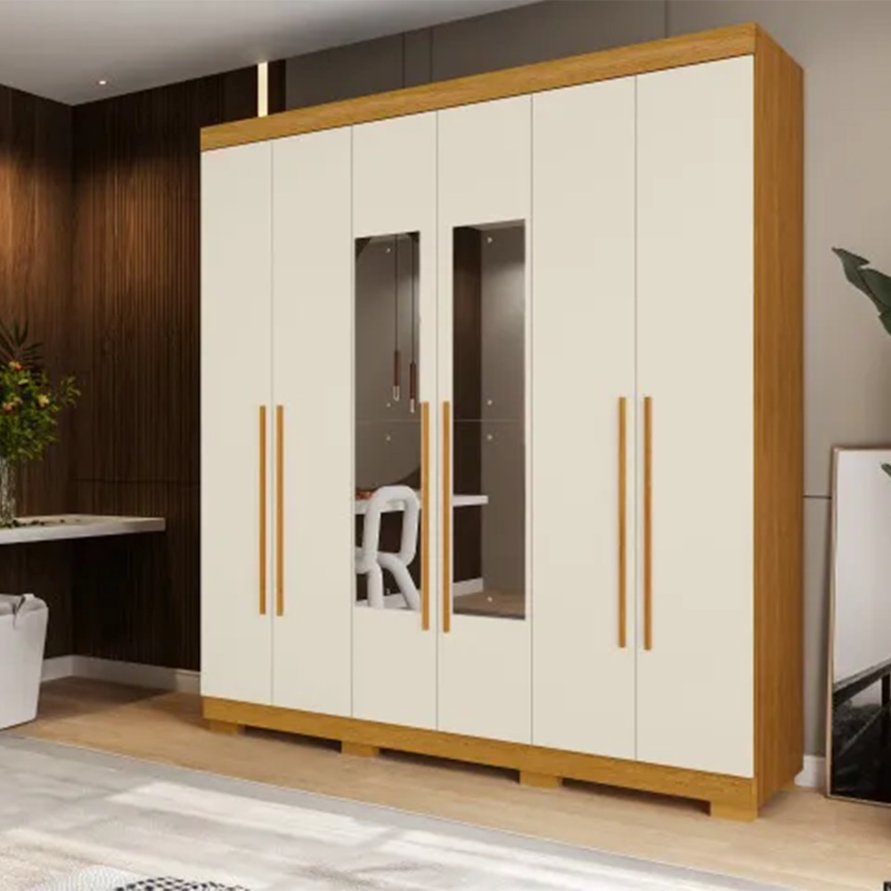 Roupeiro Agata 6 Portas com Espelho Cinamomo/Off WHite ACP Moveis