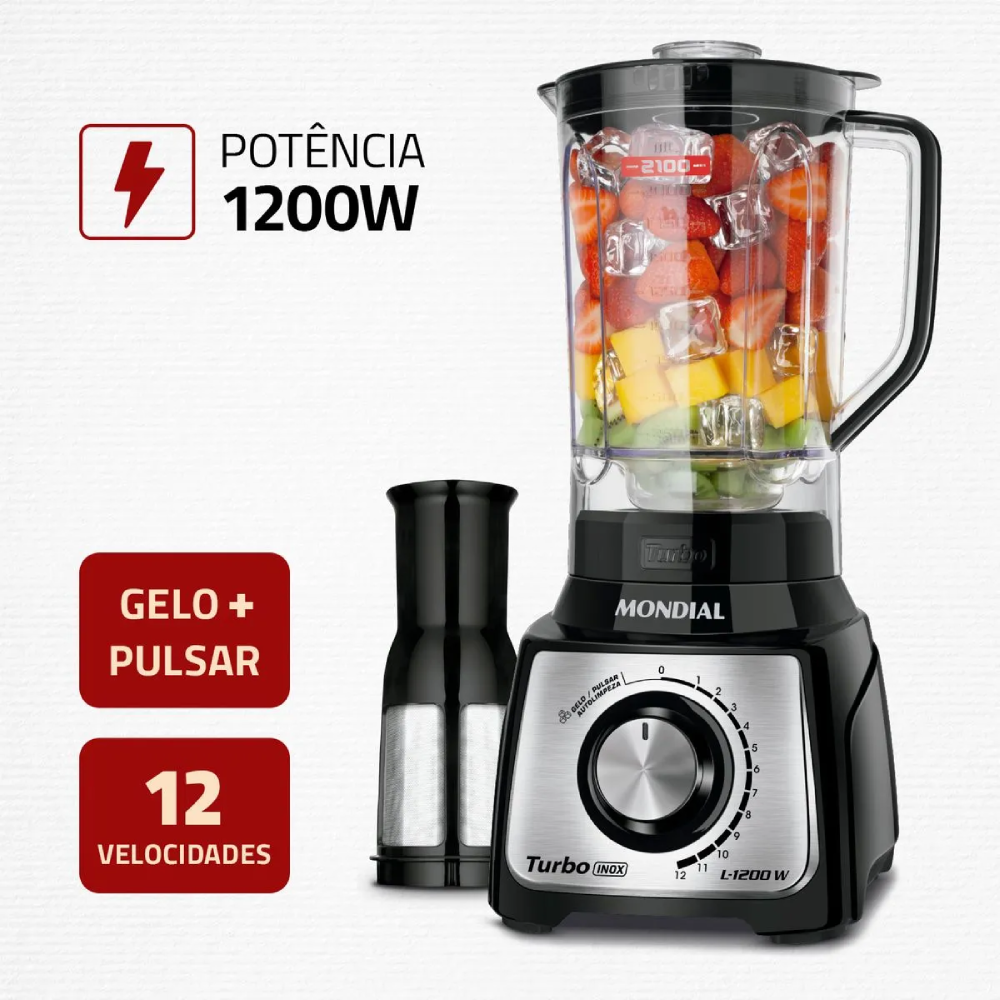 Liquidificador 12V Turbo L-1200 1200W Preto/Inox Mondial