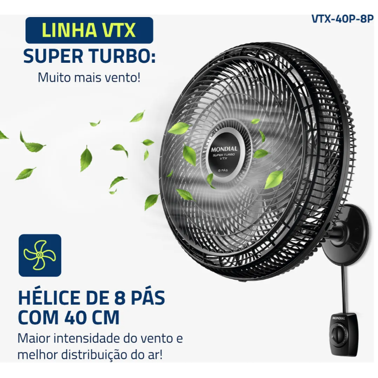 Ventilador De Parede 40CM VTX-40P-8P Preto/Prata Mondial