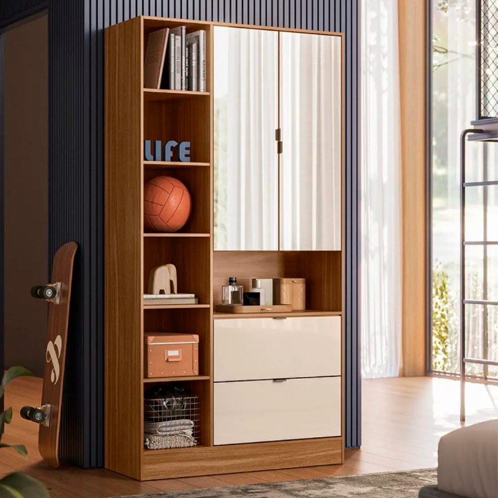 Armário Multiuso 2 Portas 2 Gavetas com Espelho Joy Amendola/Off White Demobile