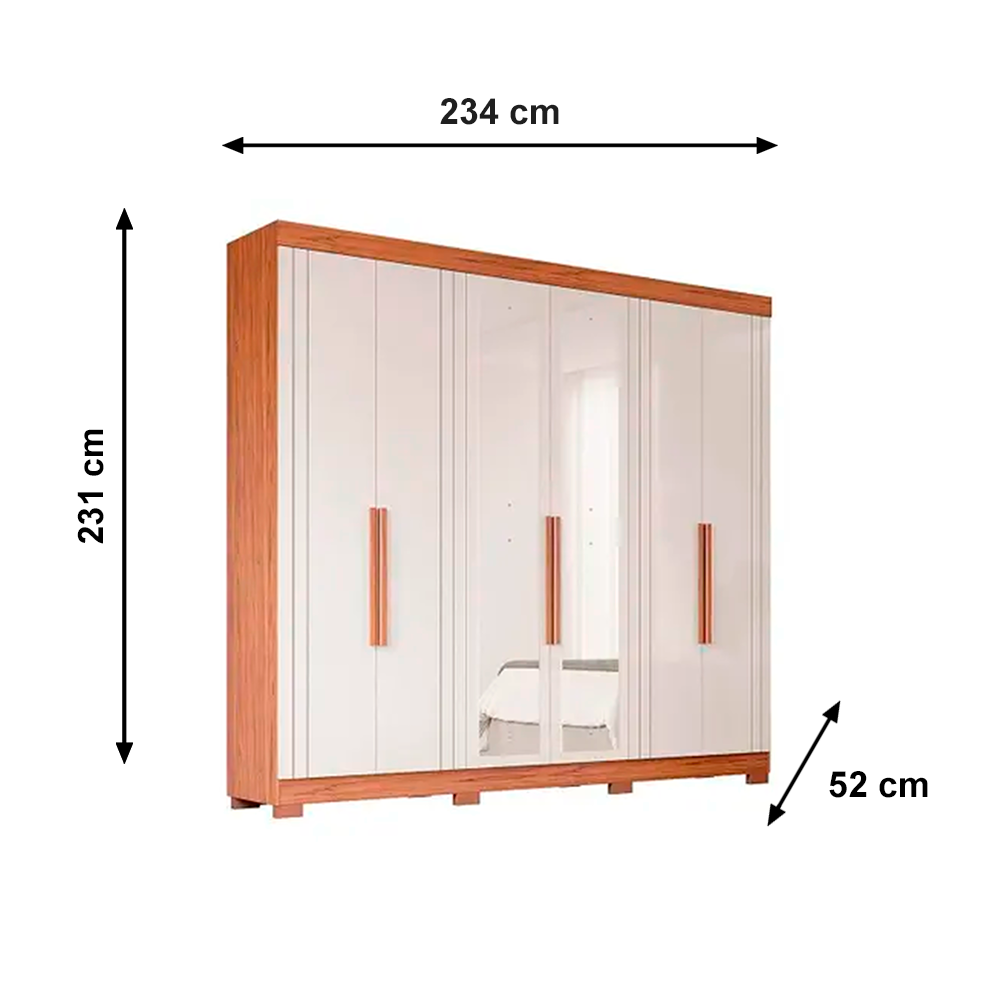 Roupeiro 6P Cecilia Com Kit 4 Espelhos e Kit 8 Pes Retangular Menor CINAMOMO/OFF WHITE Panan