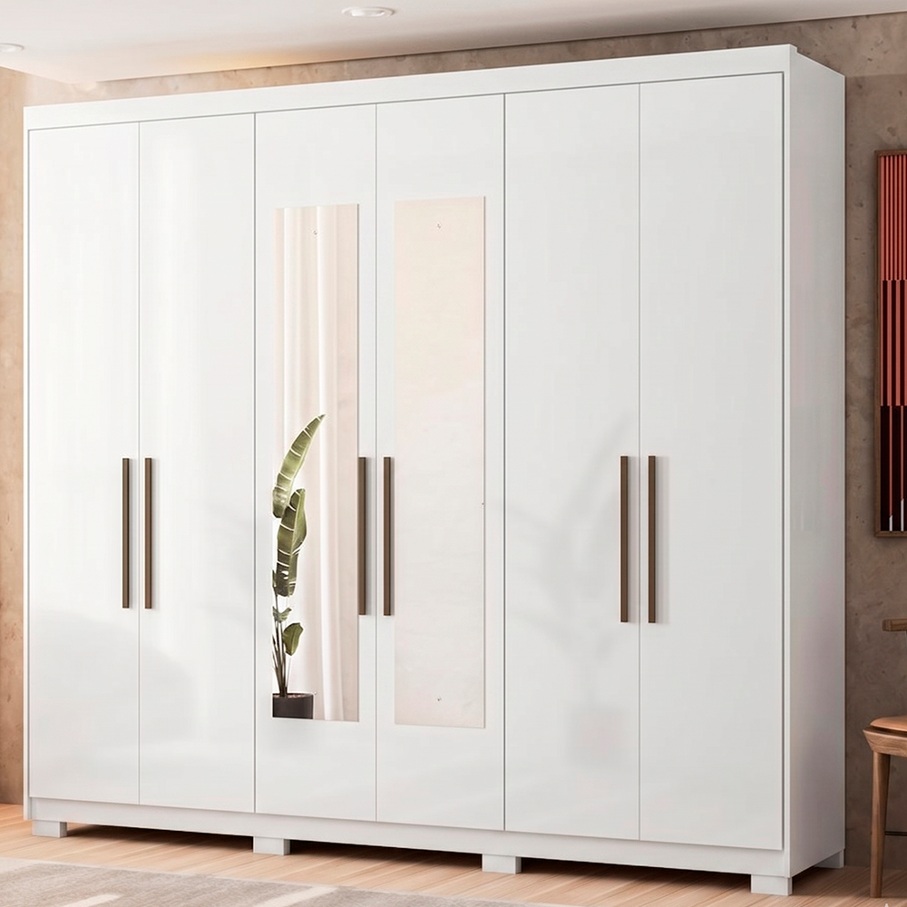 Roupeiro Venice 6 Portas 4 Gavetas 3 Prateleiras com Pes e com Espelho Branco Demobile