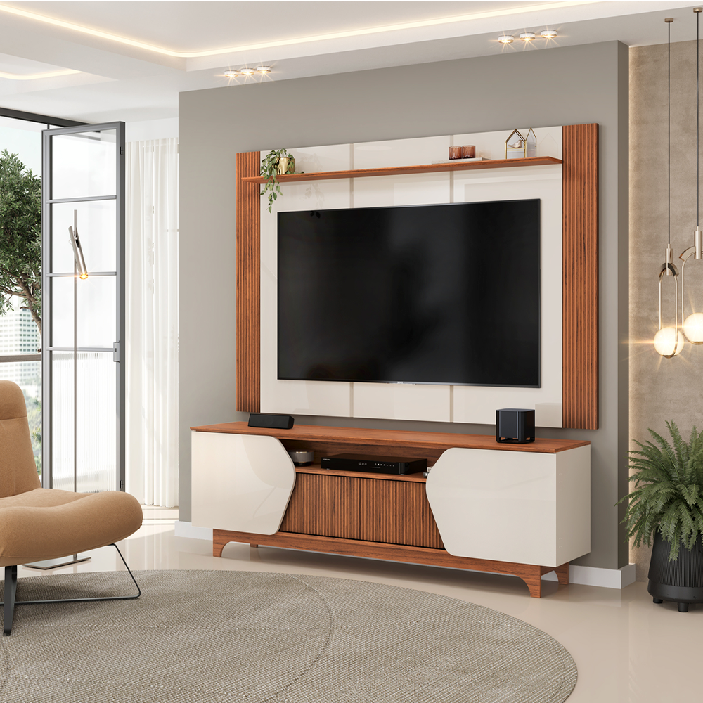 Bancada Com Painel Helo Off White/Freijo Dj Moveis