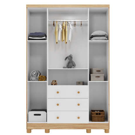 Armario Peroba Tedy 4 Portas e 3 Gavetas Branco/Amêndoa