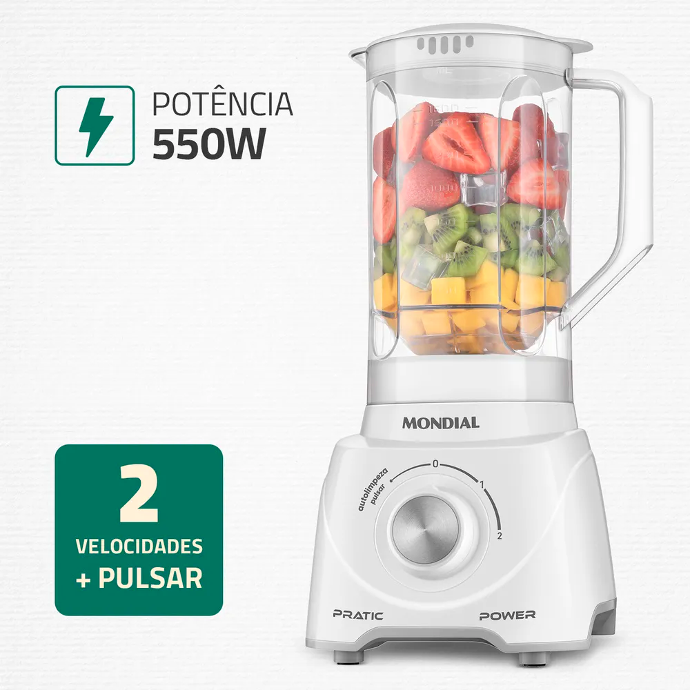 Liquidificador 2V L-97 Pratic Power Branco Mondial