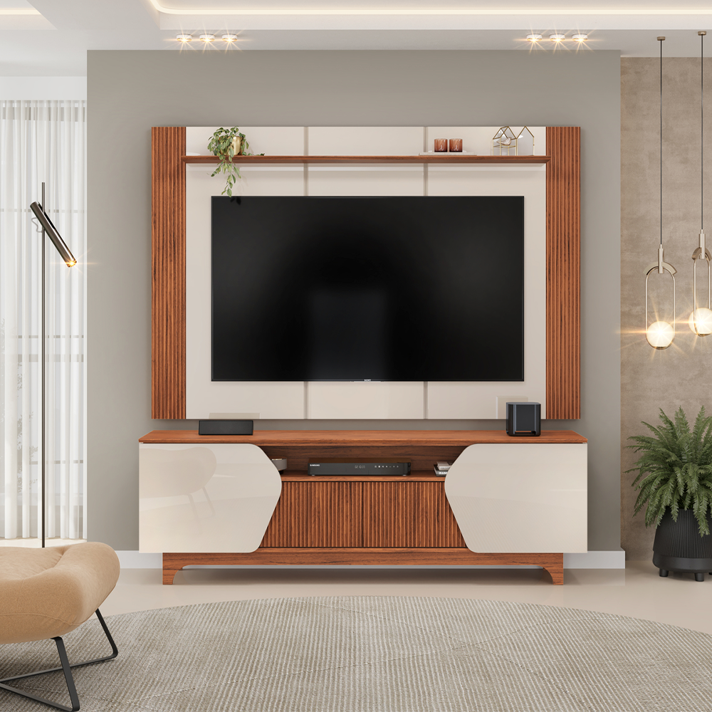 Bancada Com Painel Helo Off White/Freijo Dj Moveis