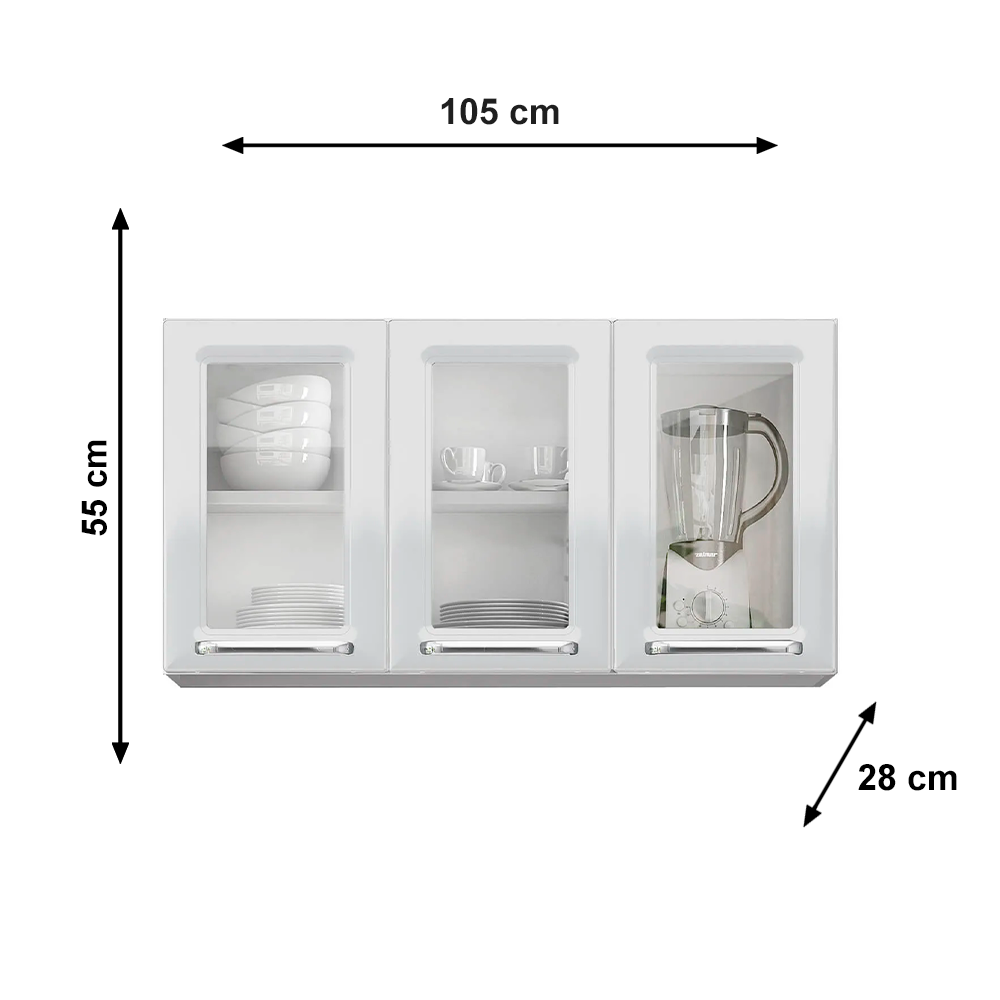Armário Aéreo de Cozinha Branco 3 Portas com Vidro Luce Itatiaia
