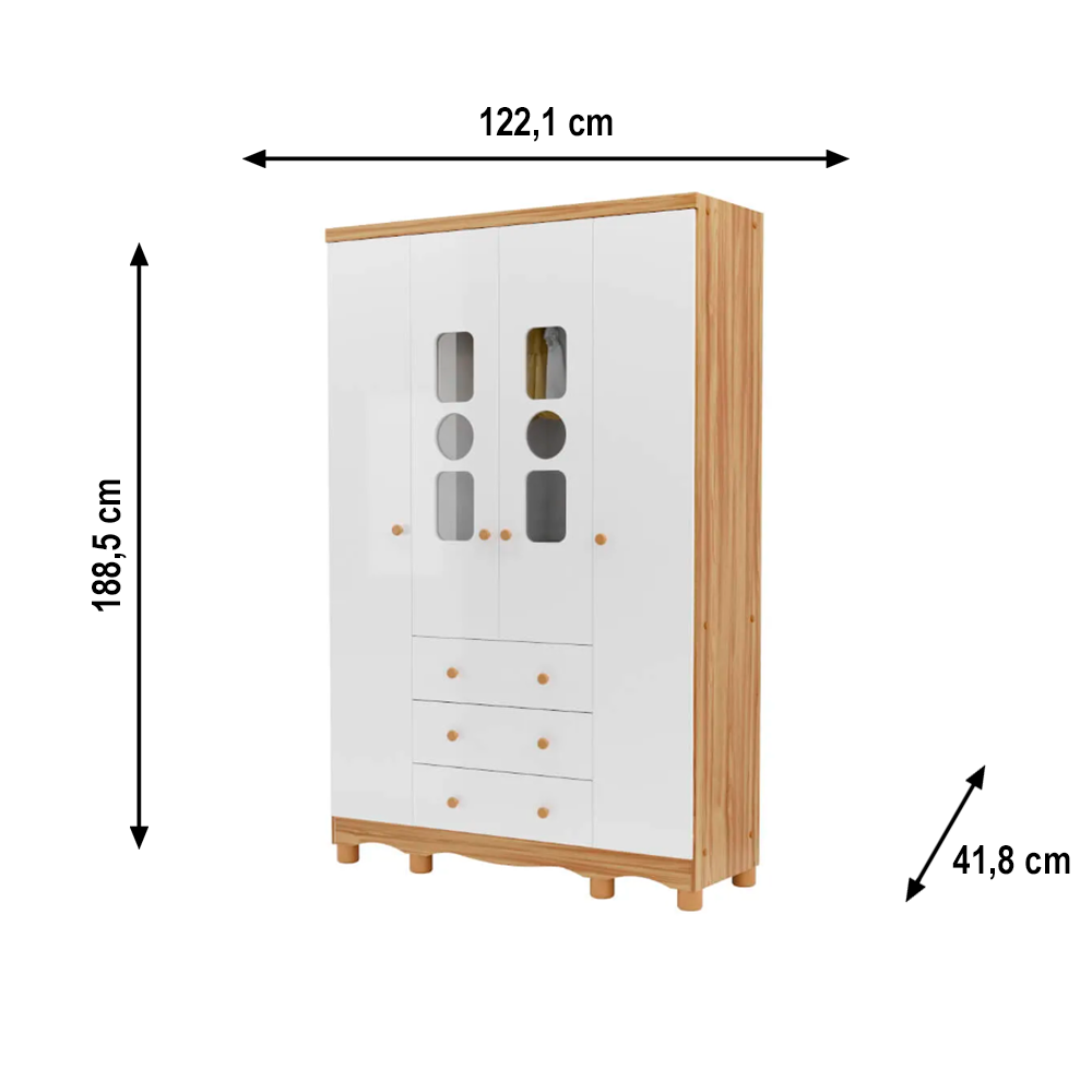 Armario Peroba Tedy 4 Portas e 3 Gavetas Branco/Amêndoa