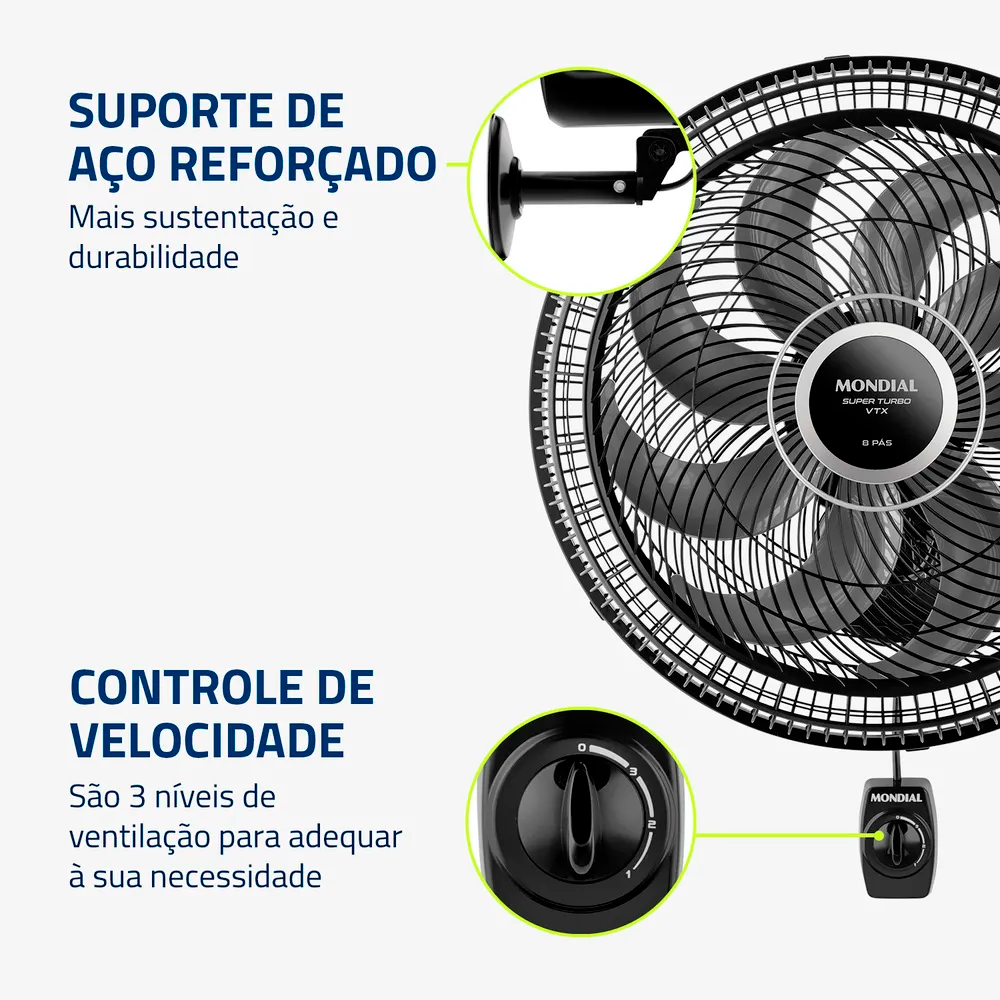 Ventilador De Parede 40CM VTX-40P-8P Preto/Prata Mondial