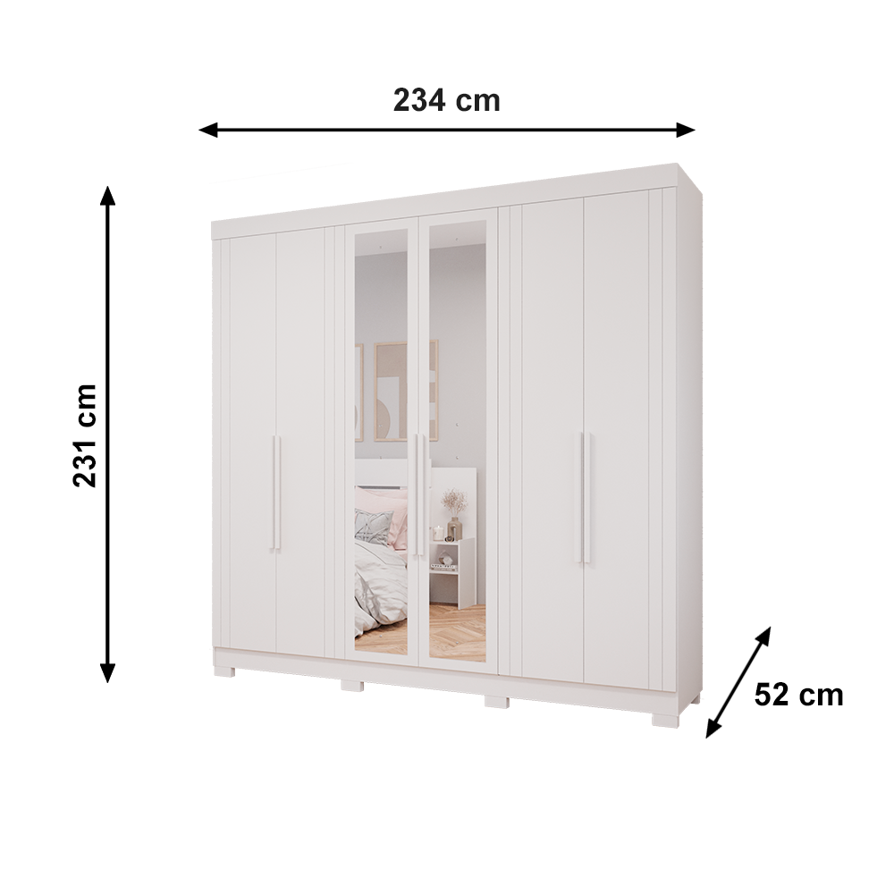 Roupeiro 6P Cecilia com Kit 4 Espelhos 8 Pes Retangular Menor Branco Panan