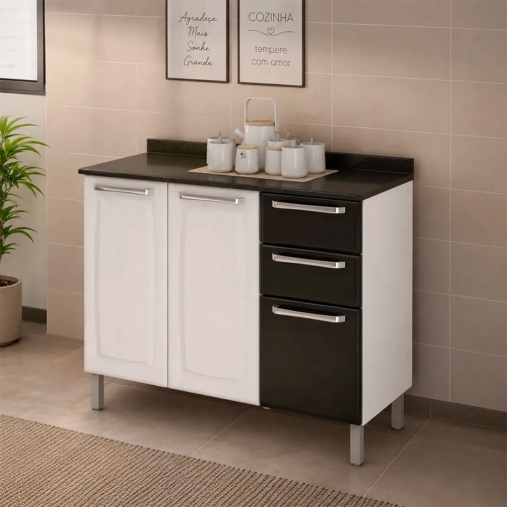 Balcão de Cozinha Itatiaia em Aço com 3 Portas e 2 Gavetas Preto Luce Itatiaia