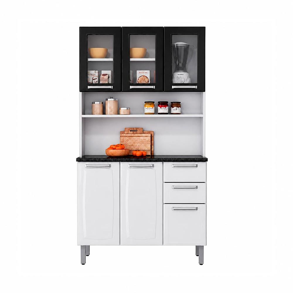 Armário kit de Cozinha Compacta Branco/Preto 120 em Aço 6 Portas 2 Gavetas Pratika Itatiaia
